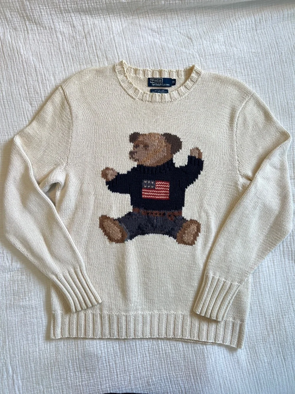 Vintage 90s Polo Ralph Lauren Hand Knit Sit Down Polo Bear USA Flag Sweater Rare